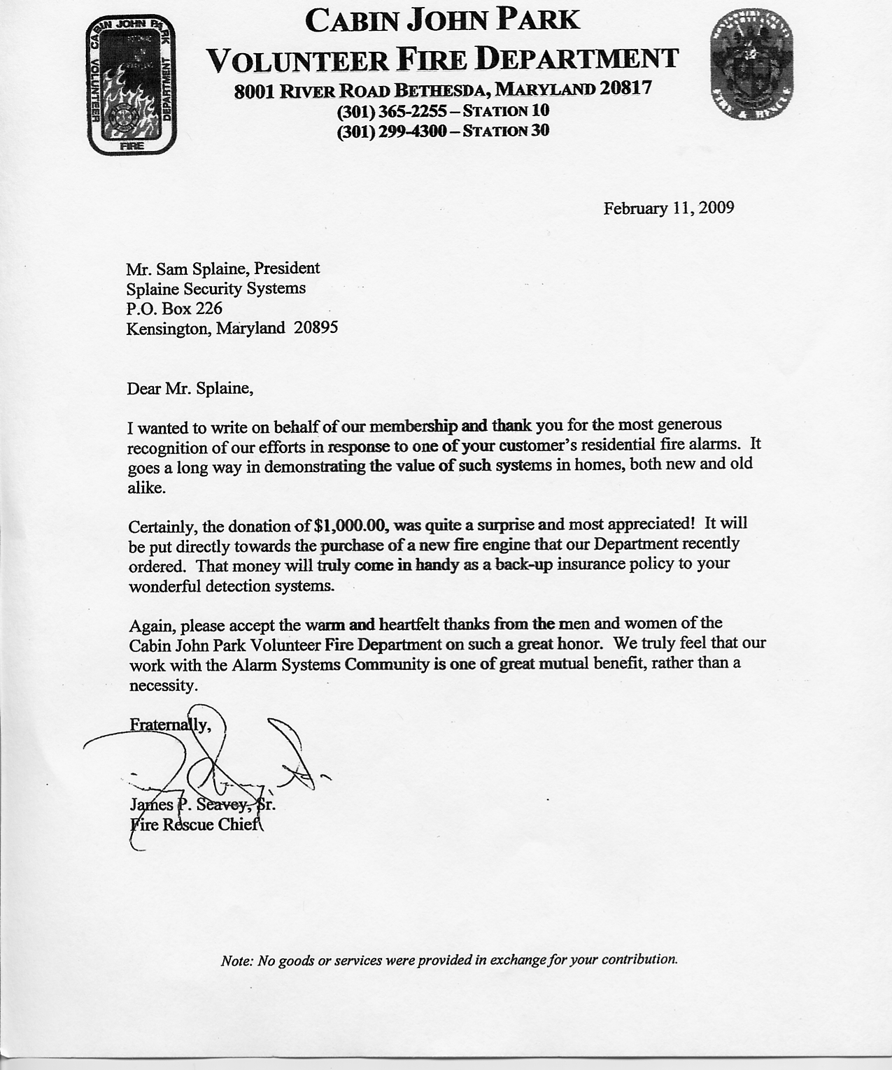 Cabin John Park Volunteer Fire Department Thank You Letter
