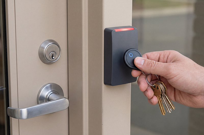 Hand using key fob on electronic door reader