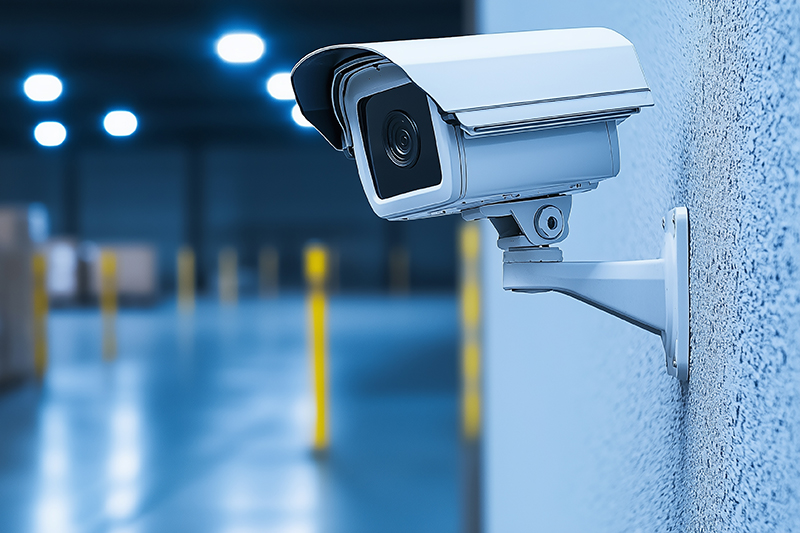 security camera mounted on a warehouse wall