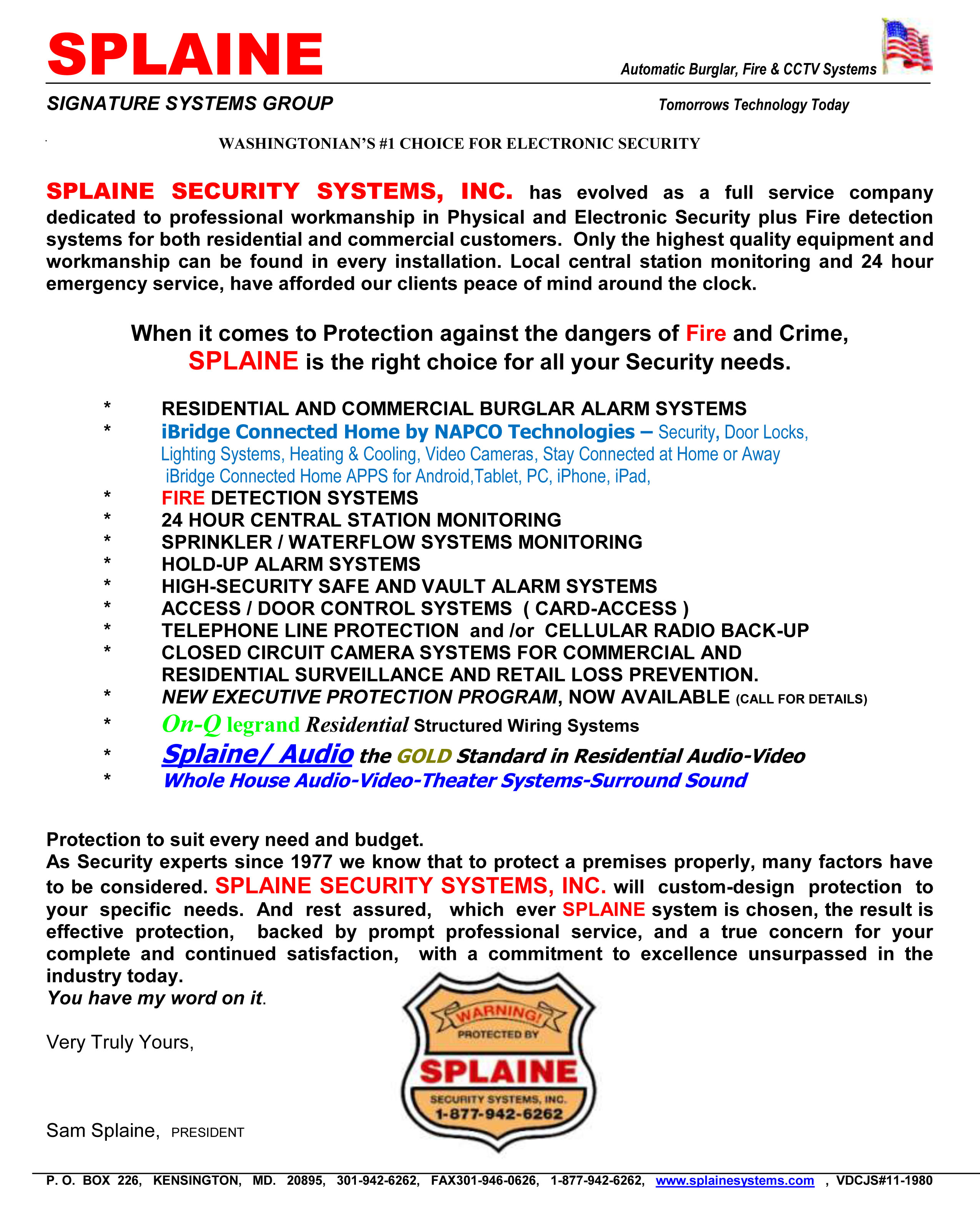 Splaine Security Systems Intro Page